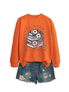 Detail showing orange sweatshirt with floral and books illustration print on the chest