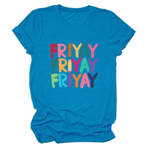 Close-up of blue cotton T-shirt featuring colorful Friyay text with pencil and ruler