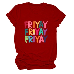 Close-up of the Friyay print with cartoon ruler and pencil on a dark red T-shirt