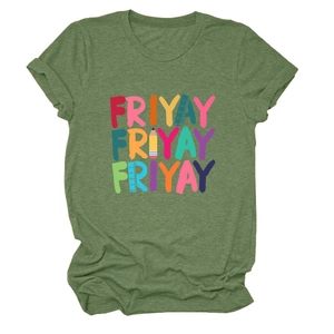 Close-up of grass green cotton t-shirt with colorful FRIYAY letters and ruler icons