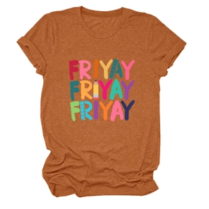 Detail of orange crew neck T-shirt featuring FRIYAY stationery graphic with pencils