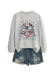 Detail of light grey sweatshirt with books print and ripped denim shorts on white background