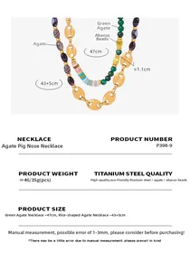 Détails du collier en acier avec perles d'agate montrant les dimensions et spécifications