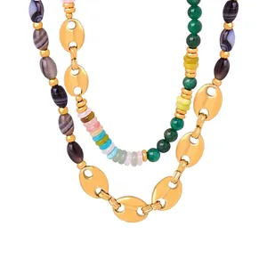 Collier en Acier Titane avec Perles d'Agate Vintage Chaîne Grain de Café Nez de Porc Bijoux Ras du Cou pour Femme