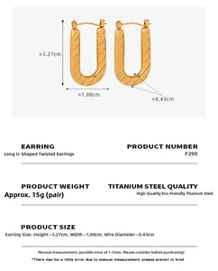 Detail showing dimensions of gold U-shaped titanium steel earrings with diagonal texture