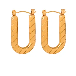 Modern U-Shaped Twill Texture Earrings Stainless Steel Titanium Steel Gold Plated Long Hoop Earrings For Women Jewelry