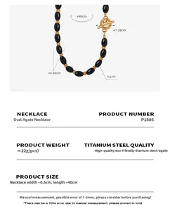 Detail showing natural black agate bead necklace dimensions with OT clasp and steel finish