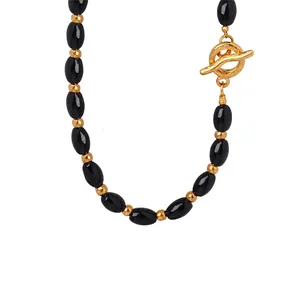 Vintage Handmade Black Agate Beaded Necklace With Gold Plated Stainless Steel Toggle Clasp Fashion Clavicle Chain For Women