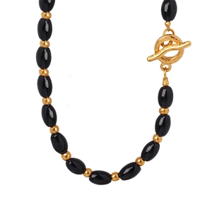 Handmade black oval agate beaded necklace with gold OT buckle and stainless steel accents