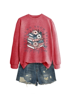Detail of red crewneck sweatshirt with vintage book print and frayed denim shorts