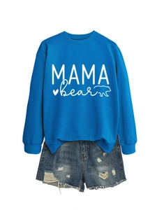 Royal blue Mama Bear sweatshirt paired with distressed denim shorts on a plain white background