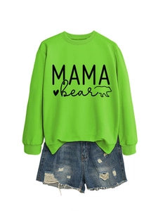 Detail of MAMA BEAR print on grass green crewneck sweatshirt with heart and bear graphic