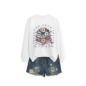 Women's white sweatshirt with book graphic and blue ripped denim shorts set