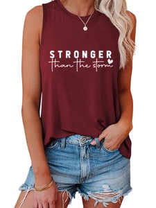 Detail of maroon tank top featuring white Stronger Than The Storm text and heart logo