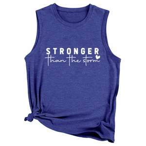 Detail of navy blue stronger than the storm tank top with side knot and white text