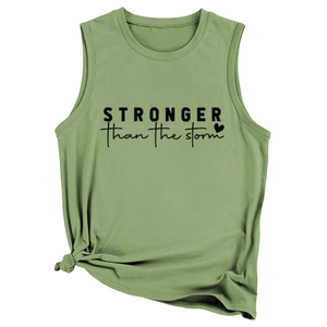 Close-up of Sage Green tank top with Stronger Than The Storm print and knotted hem