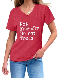 Détail d'un t-shirt rouge à col en V avec slogan Not Friendly blanc et collier doré