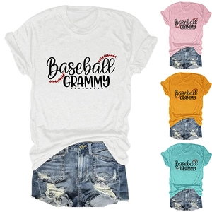 Detail of Baseball Grammy printed t-shirts in white, pink, yellow, and teal colors