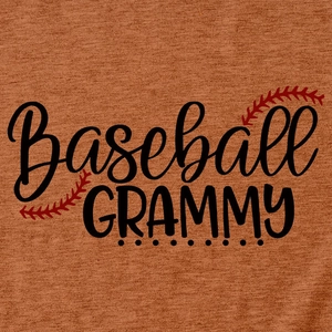 Detail of Baseball GRAMMY print on burnt orange cotton knit fabric with red stitching