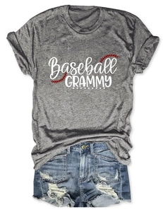 Close-up of grey Baseball Grammy T-shirt with white lettering and red baseball stitching