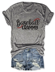 Detail of grey baseball Grammy t-shirt and distressed denim shorts summer set