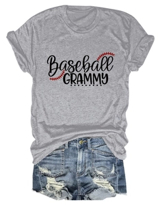 Flat lay of gray Baseball Grammy T-shirt paired with distressed blue denim shorts