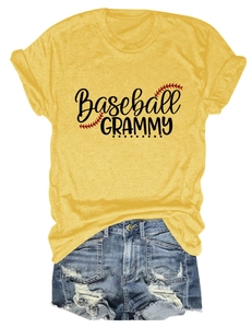 Flat lay of yellow short-sleeve T-shirt with Baseball Grammy print and denim shorts