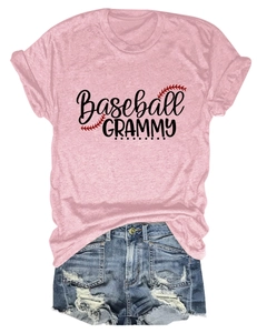Detail of pink cotton Baseball Grammy tee with distressed denim shorts set