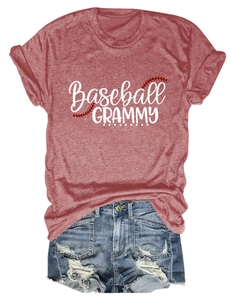 Detail of Baseball GRAMMY print on dark red crew neck t-shirt with baseball stitching