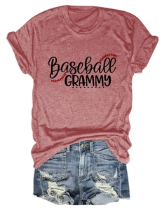 Detail of red Baseball GRAMMY t-shirt styled with distressed denim shorts on white background