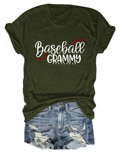 Detail of army green t-shirt with Baseball Grammy print paired with denim shorts