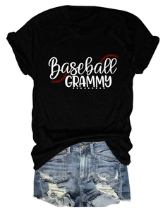 Flat lay of black Baseball Grammy T-shirt paired with distressed light blue denim shorts