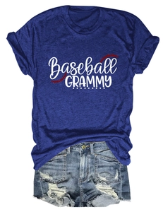 Detail of navy Baseball Grammy t-shirt with print paired with distressed denim shorts