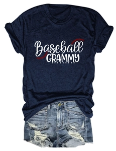 Navy Baseball Grammy tee paired with distressed denim shorts on white background
