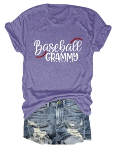 Detail of Baseball GRAMMY purple crewneck tee with distressed fabric and blue denim shorts