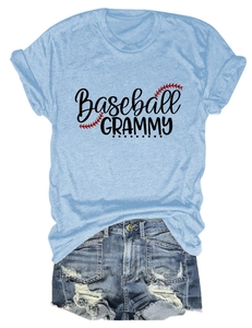 Detail of light blue Baseball GRAMMY t-shirt with red baseball stitching and denim shorts