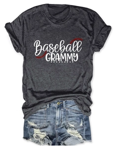 Detail of grey baseball Grammy t-shirt with red stitching paired with denim shorts