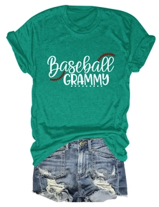 Detail view of green Baseball Grammy t-shirt with distressed denim shorts set