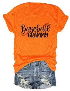 Flat lay of an orange cotton T-shirt with Baseball GRAMMY print and ripped denim shorts