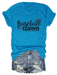 Flat lay of bright blue Baseball Grammy t-shirt with distressed denim shorts
