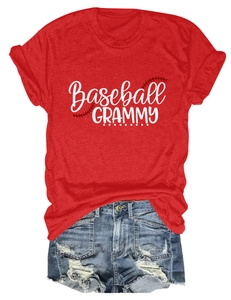 Flat lay of a red Baseball GRAMMY t-shirt with print detail and ripped denim shorts