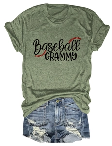 Flat lay of army green Baseball Grammy t-shirt with distressed denim shorts