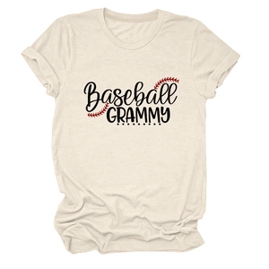 Detail of Baseball GRAMMY print on beige crew neck cotton short sleeve t-shirt