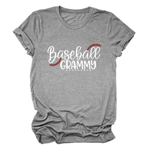 Close-up of grey Baseball GRAMMY print on crewneck cotton t-shirt with red stitching