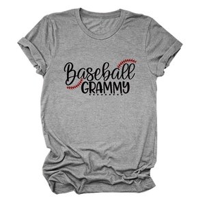 Flat lay of gray cotton Baseball GRAMMY T-shirt featuring artistic text and red stitching