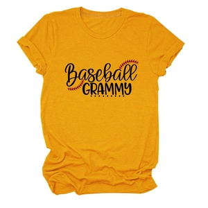 Detail of yellow Baseball GRAMMY T-shirt featuring creative print and red stitch pattern