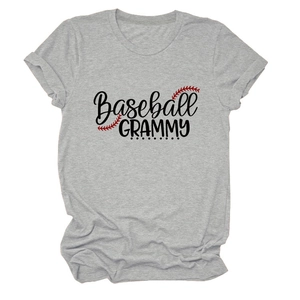 Close-up of Baseball Grammy print on grey melange cotton blend t-shirt with cuffed sleeves