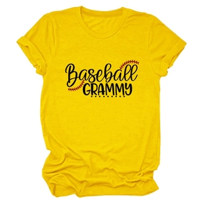 Detail view of yellow Baseball Grammy T-shirt showing print quality and rolled cuff detail