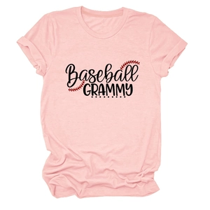 Detail of pink Baseball Grammy t-shirt showing the crew neck and soft cotton fabric texture