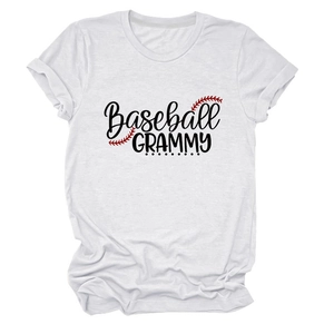 Close-up of white cotton T-shirt featuring Baseball GRAMMY print and red stitching detail